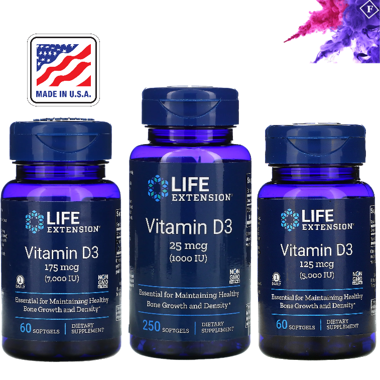 USA Life Extension Vitamin D3 Cholecalciferol 25 mcg  1000 IU / 5000 IU / 7000 IU / 250 / 90 / 60 Softgels