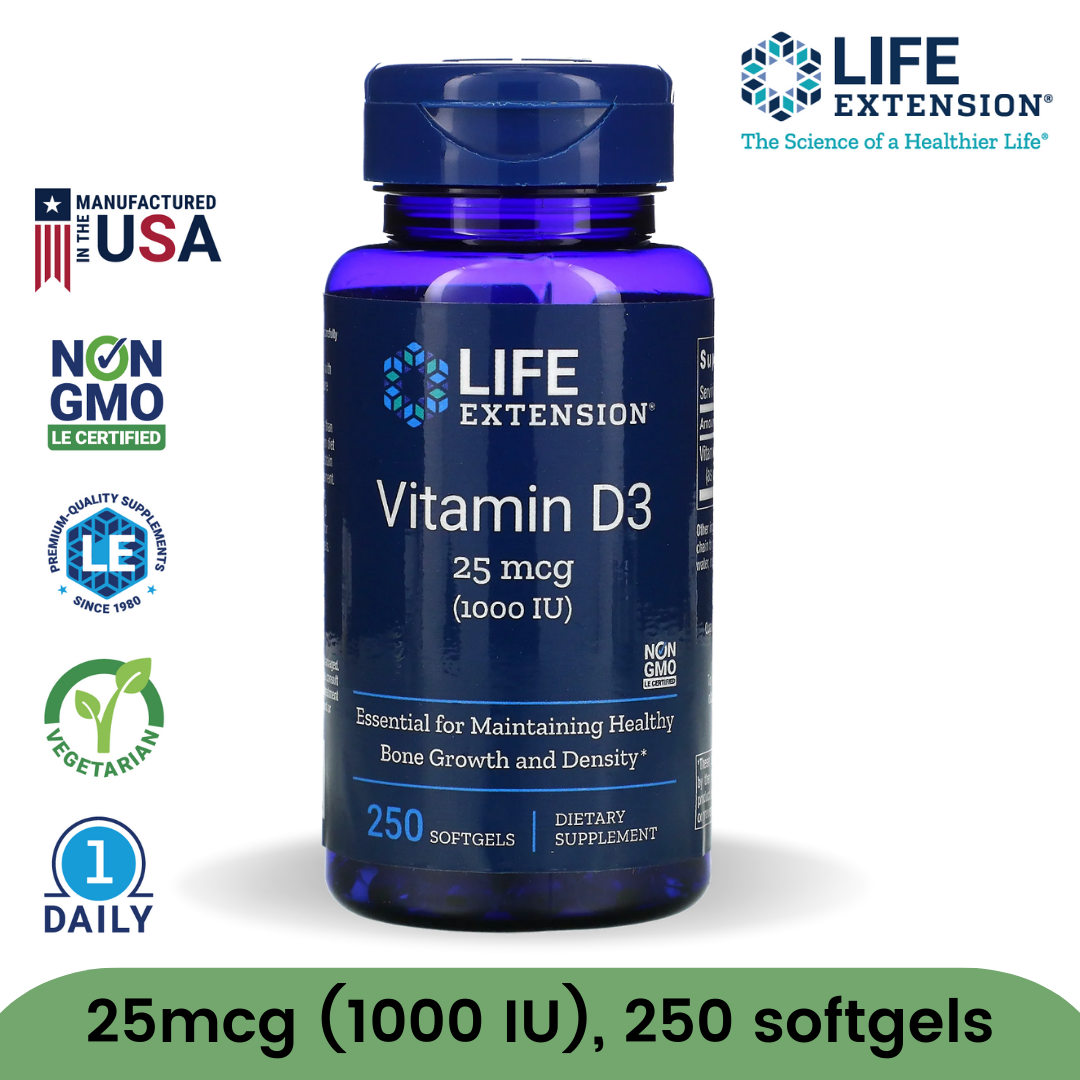 USA Life Extension Vitamin D3 Cholecalciferol 25 mcg  1000 IU / 5000 IU / 7000 IU / 250 / 90 / 60 Softgels