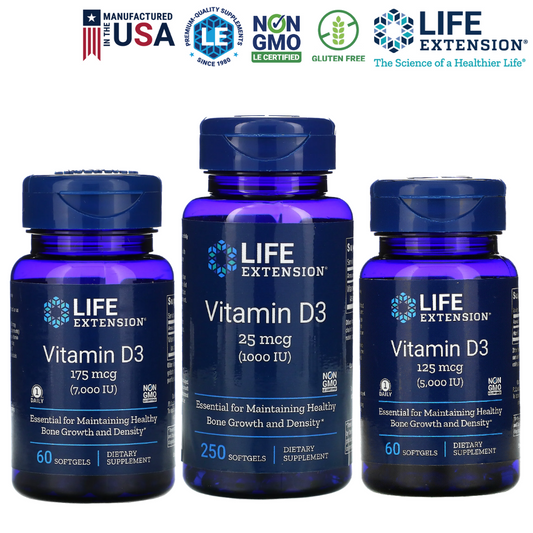 USA Life Extension Vitamin D3 Cholecalciferol 25 mcg  1000 IU / 5000 IU / 7000 IU / 250 / 90 / 60 Softgels